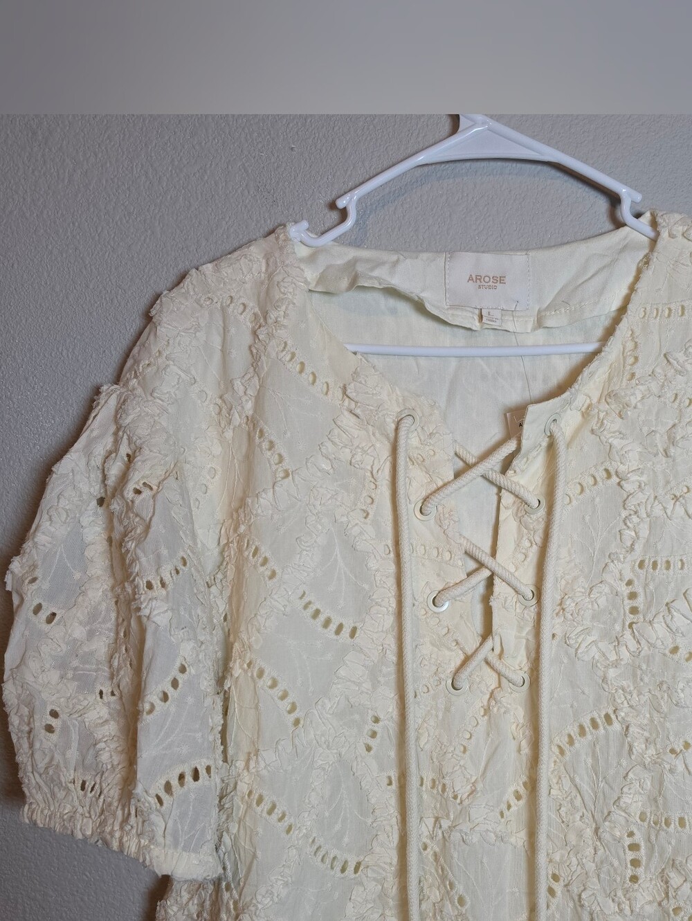 NWT AROSE STUDIO Maia Cotton Eyelet Lace Mini Dress Large Ivory Boho Cottagecore - Picture 6 of 11